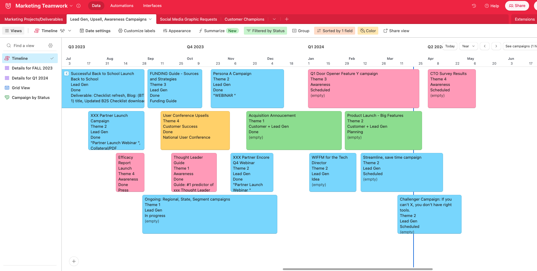 Image of an airtable timeline view of about 15 marketing campaigns over 6 months.